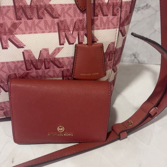 Michael Kors Sinclair Shopper Tote With Matching Wallet Set Pink White Cinnamon - Picture 6 of 10